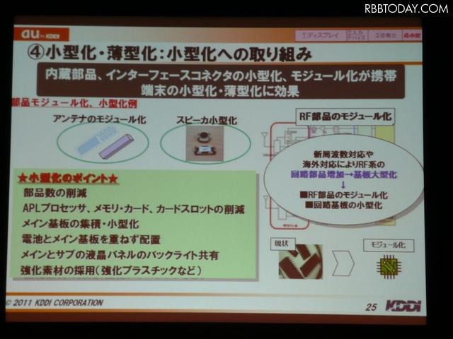 基本機能についての改善点。小型化・薄型化への取り組みは、部品点数の削減はもちろんのこと、部品を集約するモジュール化、メイン基板やインターフェイスの小型化が重要 基本機能についての改善点。小型化・薄型化への取り組みは、部品点数の削減はもちろんのこと、部品を集約するモジュール化、メイン基板やインターフェイスの小型化が重要