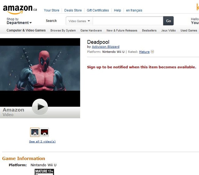 Amazonカナダで登録されているWii U版『Deadpool』