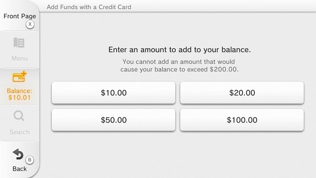 こちらはクレジットカードを選んだ場合表示される画面で、追加する金額を選ぶようになっています