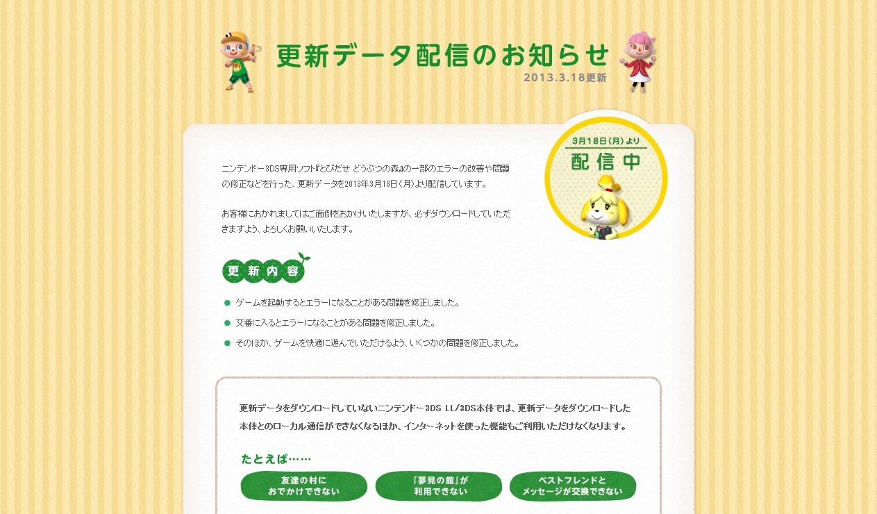 村長必読 とびだせ どうぶつの森 様々な問題を修正した 更新データ 配信開始 インサイド 村長必読 とびだせ どうぶつの森 様々な問題を修正した 更新データ 配信開始 インサイド