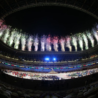 Tokyo 2020 Olympic Games opening ceremonyTOKYO, JAPAN - JULY 23: Artists perform as fireworks explode above the stadium during the opening ceremony of the Tokyo 2020 Olympic Games at the Olympic Stadium in Tokyo, Japan on July 23, 2021. (Photo by Ali Atmaca/Anadolu Agency via Getty Images)