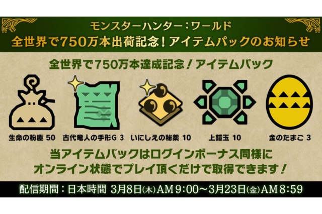 『モンハン：ワールド』全世界750万本出荷を記念したアイテムパックが配信中！ 画像