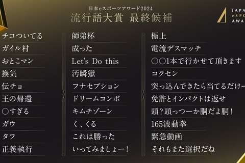 「師弟杯」「頭っつーか胴だよ胴！」日本eスポーツアワード 流行語大賞2024、最終候補を発表…シーンを賑わせたワードが並ぶ 画像