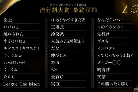 「League The k4sen」「すまないねぇ」「なんだこいつ…」などが最終候補に―「日本eスポーツアワード」流行語大賞2025最終候補が発表 画像