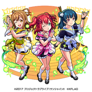 「ラブライブ！サンシャイン!!×モンスト」木属性 ★6みんなの輝き津島善子＆国木田花丸＆黒澤ルビィ（衣装解放の獣神化後）（C）2017 プロジェクトラブライブ！サンシャイン!!（C）XFLAG