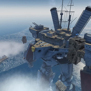 上空から眺めた「みかさロボ」。メタバース猿島は横須賀の上空に浮かんでいる設定で、みかさロボはその桟橋あたりに浮いている。