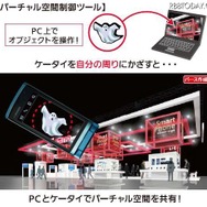 「バーチャルリアリティ(VR)連携」により、PCと携帯電話でバーチャル空間を共有。PCから仮想空間上に各種オブジェクトを配置することで、現実空間でもARのオブジェクトが表示される 「バーチャルリアリティ(VR)連携」により、PCと携帯電話でバーチャル空間を共有。PCから仮想空間上に各種オブジェクトを配置することで、現実空間でもARのオブジェクトが表示される