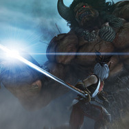 ボス鬼「ゴウエンマ」に向かい太刀を振りかぶるプレイヤーキャラ