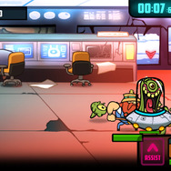 「UFOが画面左端に到達するまえに倒す」ステージ。UFOに乗っているエイリアンの顔がちょっと……。