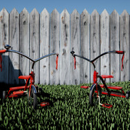 左側の三輪車は８つのマテリアル・エレメントで構成されています。右側の三輪車はレイヤード・マテリアルを使用しており、全てのマテリアルがひとつにブレンドされているため、適用や共有、再利用が非常に容易となっています。