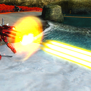 背を向けた状態のまま敵へと攻撃を繰り出すガンダムモード時のメイン射撃