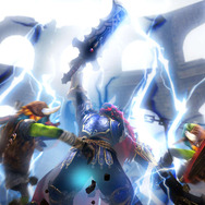 大剣を高く掲げて刀身に稲妻を落とし、雷の力を宿らせる